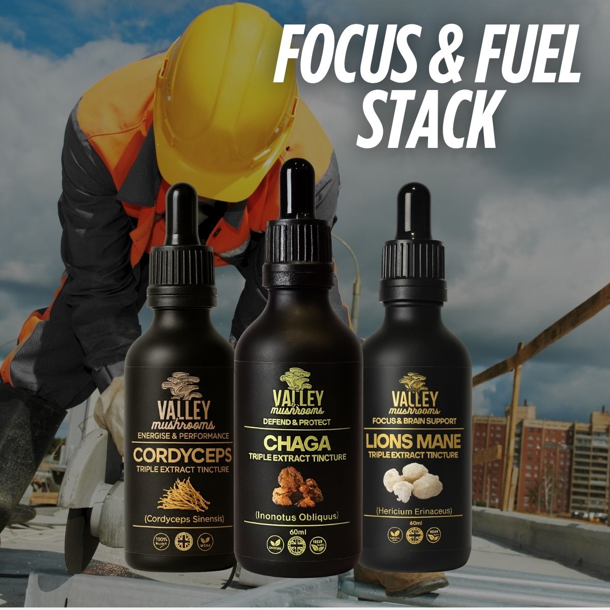 Focus & Fuel Stack: Cordyceps, Chaga and Lion's Mane tinctures in front of a construction worker in a hard hat